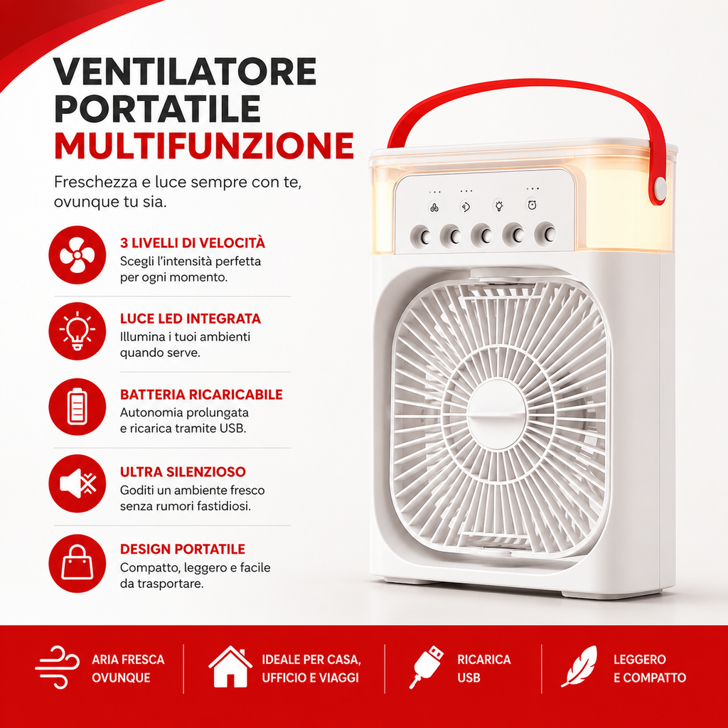 Ventilatore Portatile Ricaricabile LED – Potente, Silenzioso e Multiuso